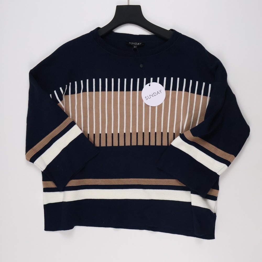 Sunday Sweater Geometric Stripe Navy Tan White Medium NWT